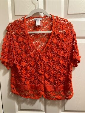 Jessica London size 12 Orange Crochet Openwork Short-Sleeve Cardigan